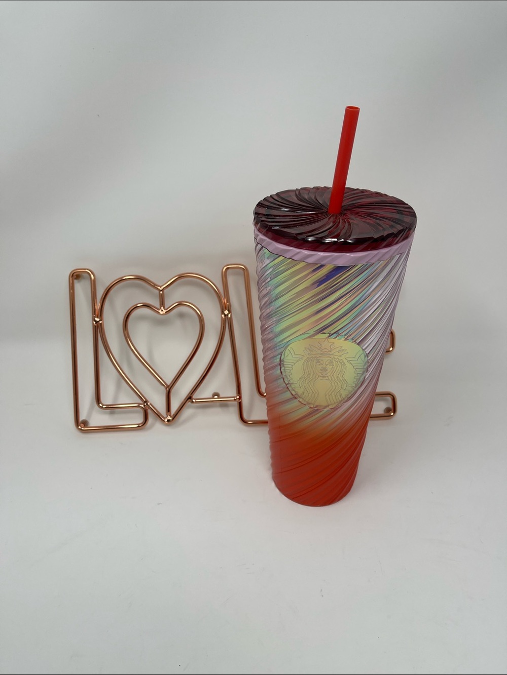 Starbucks Iridescent Spiral Cold Cup 24 oz Orange Pink New